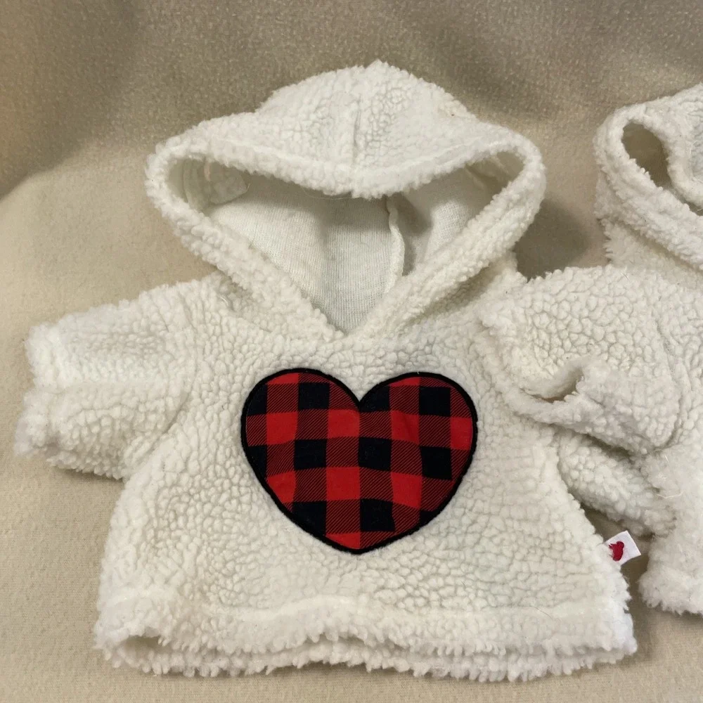 Build A Bear Workshop White Wooly Sherpa Fleece Hoodies Red & Black Plaid Heart